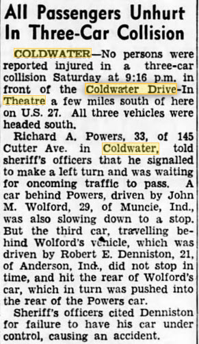 Coldwater Drive-In Theatre - 12 Jul 1954 Car Accident